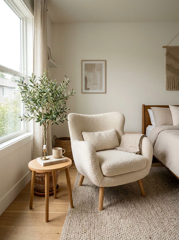 Cream Boucle Chair - 30 soft minimalist bedroom ideas