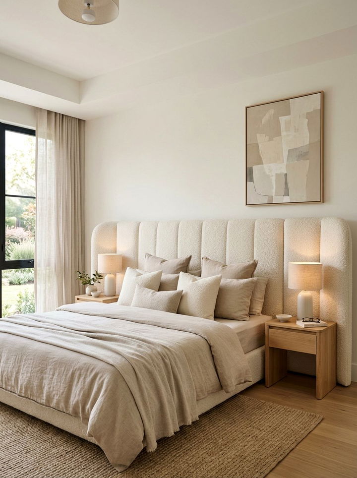 Cream Boucle Oversized Headboard - 30 bedroom upholstered headboards