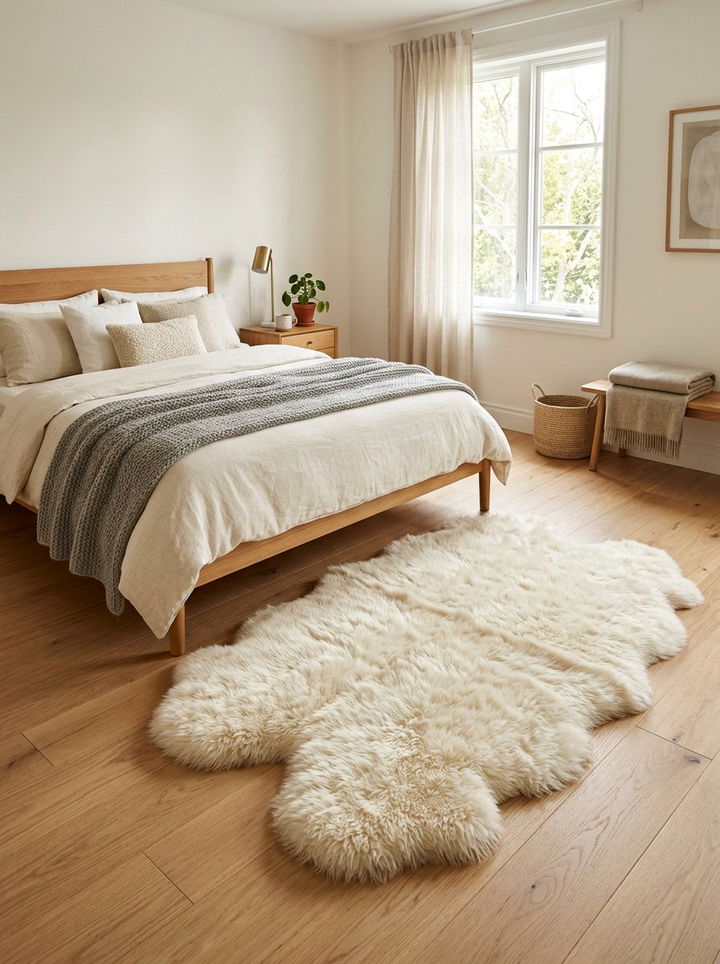 Cream Faux Fur Rug - 30 beige bedroom accessories ideas