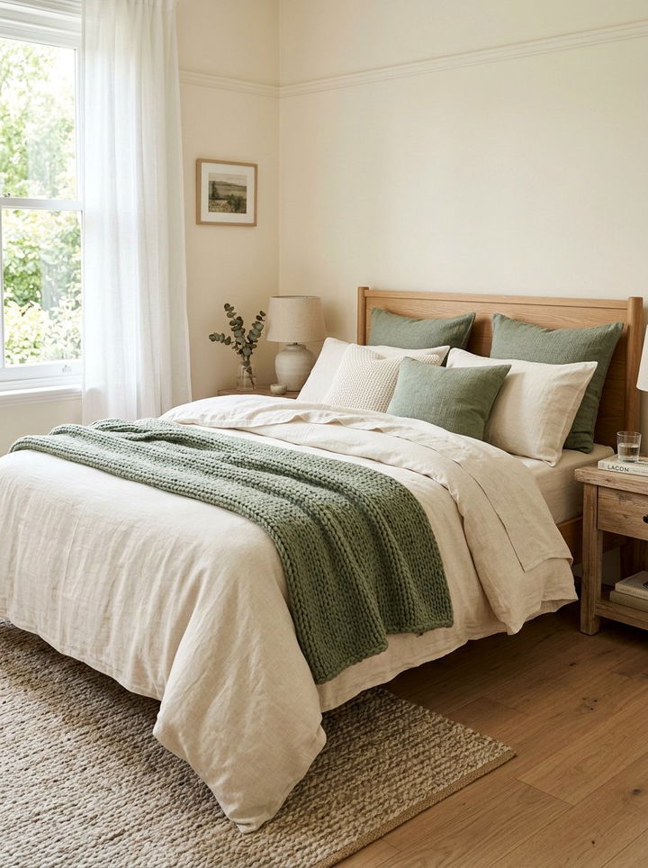 Cream Linen Bedding - 30 sage green and cream bedroom ideas