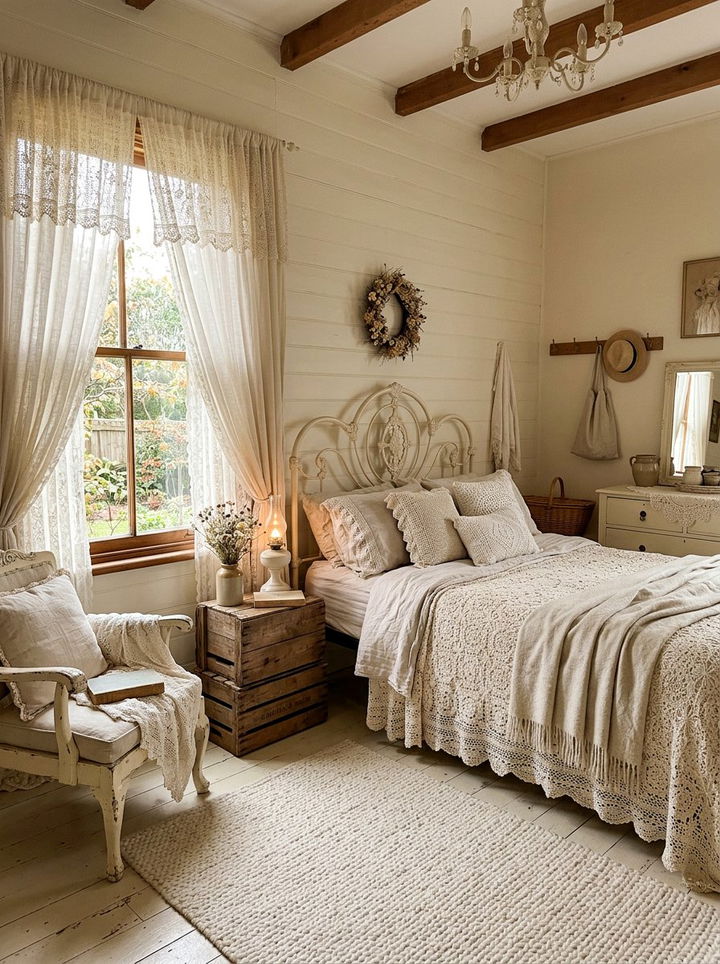 Cream and lace bedroom - 30 cottagecore bedroom color ideas