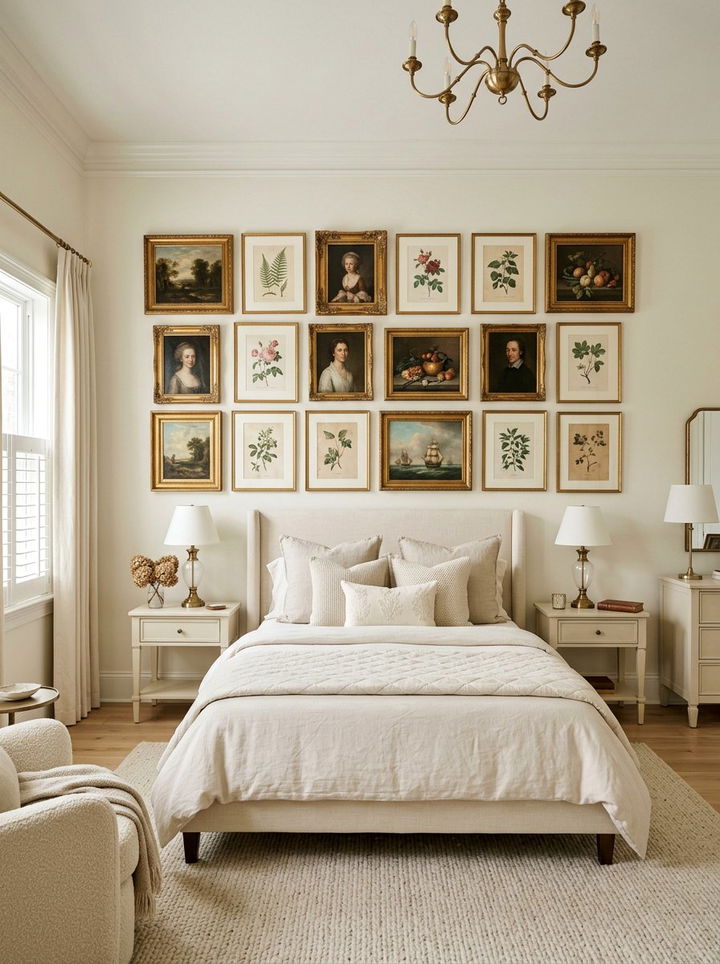 Cream bedroom with classic gallery wall - 30 traditional cream bedroom ideas