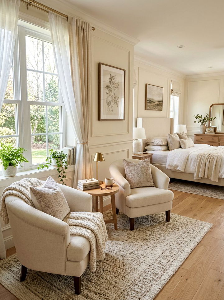 Cream bedroom with cozy seating nook - 30 contemporary cream bedroom ideas