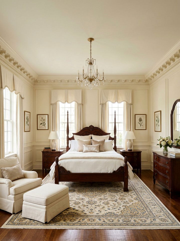 Cream bedroom with crown molding details - 30 traditional cream bedroom ideas