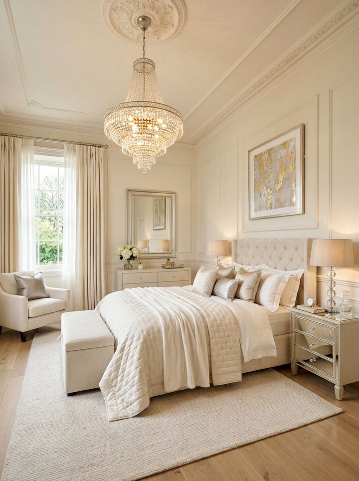 Cream bedroom with crystal chandelier lighting - 30 traditional cream bedroom ideas