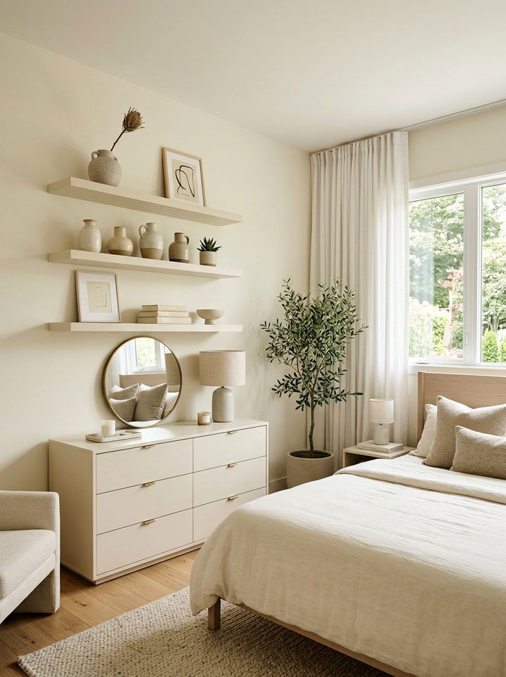 Cream bedroom with floating shelves - 30 contemporary cream bedroom ideas