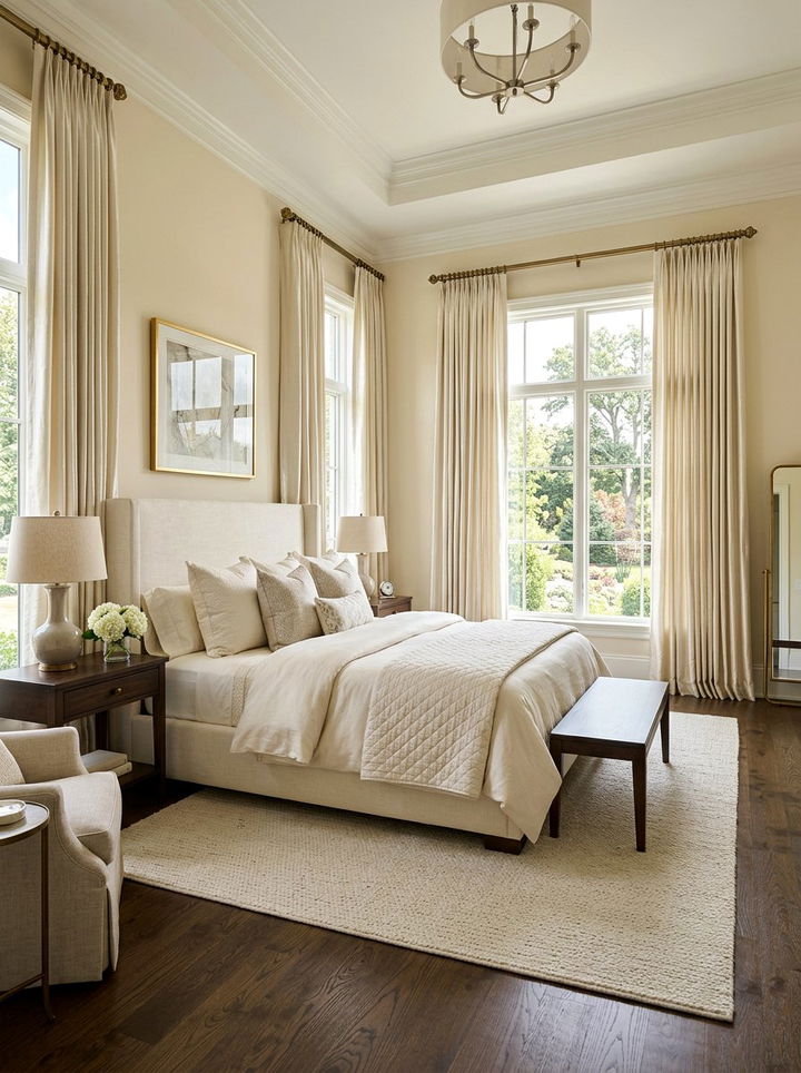 Cream bedroom with floor length silk curtains - 30 traditional cream bedroom ideas