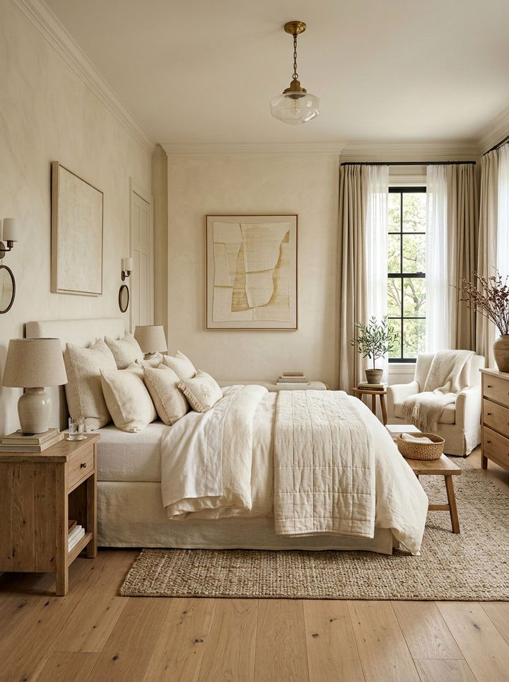 Cream bedroom with layered linen bedding - 30 traditional cream bedroom ideas