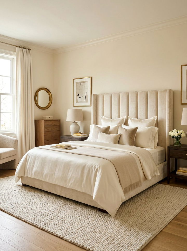 Cream bedroom with velvet headboard - 30 contemporary cream bedroom ideas