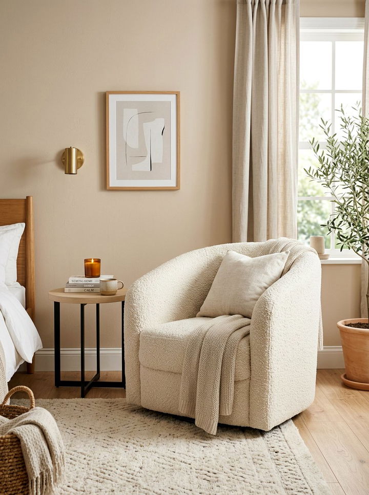 Cream boucle chair - 30 beige bedroom furniture ideas