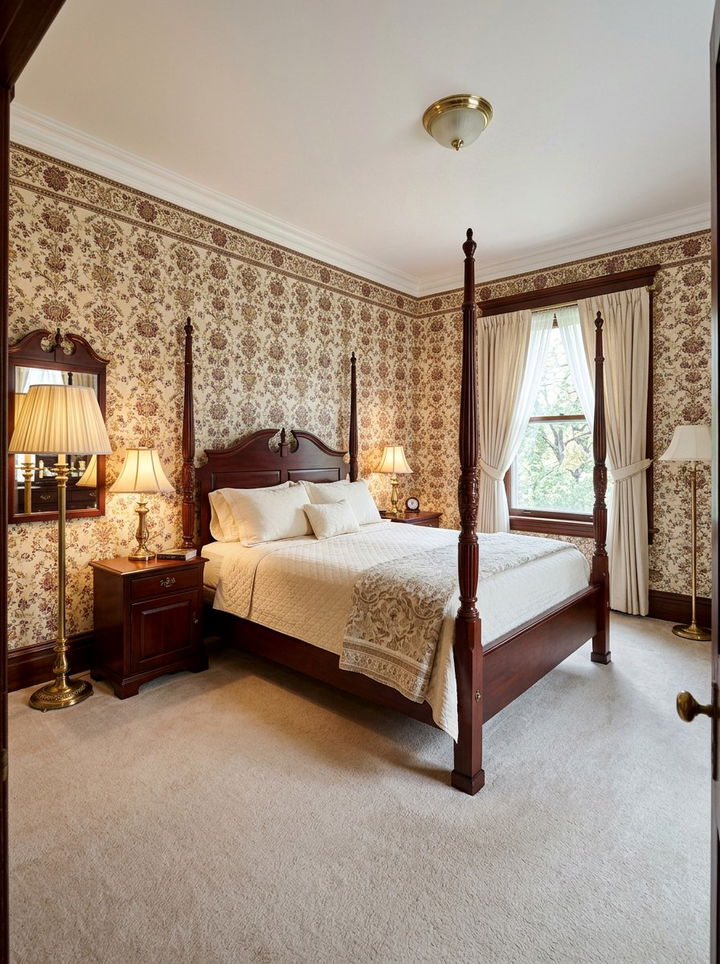 Cream floral wallpaper - 30 burgundy and cream bedroom ideas