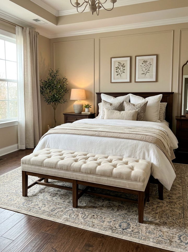 Cream tufted bench - 30 beige bedroom furniture ideas