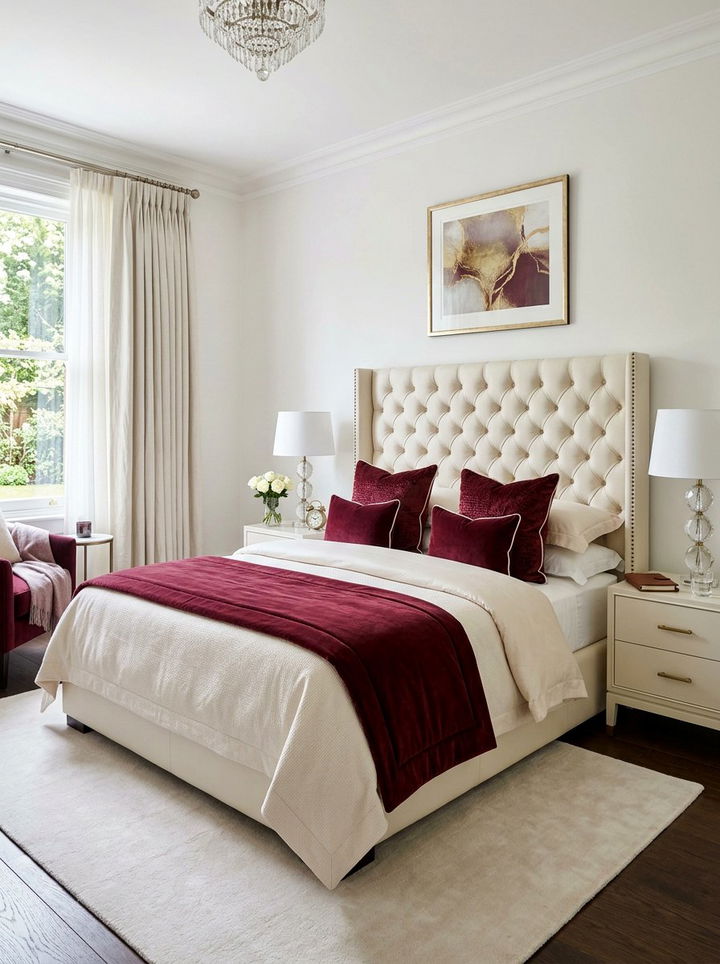 Cream upholstered bed - 30 burgundy and cream bedroom ideas