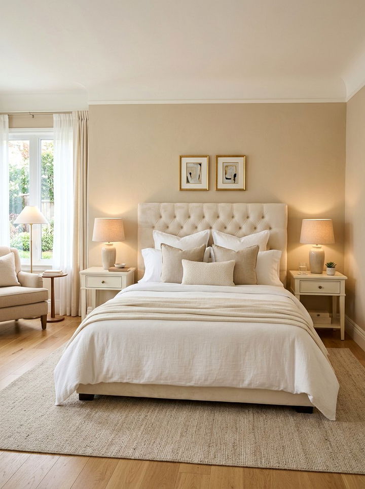 Cream velvet headboard - 30 beige bedroom furniture ideas