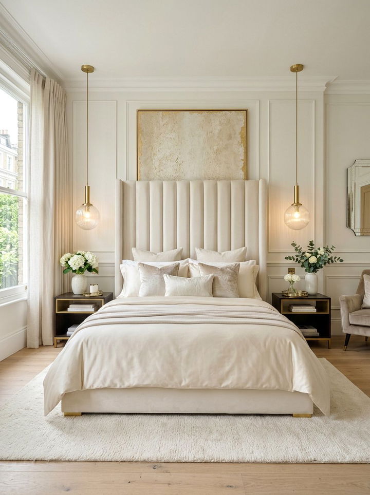 Cream velvet headboard - 30 cream bedroom decor ideas