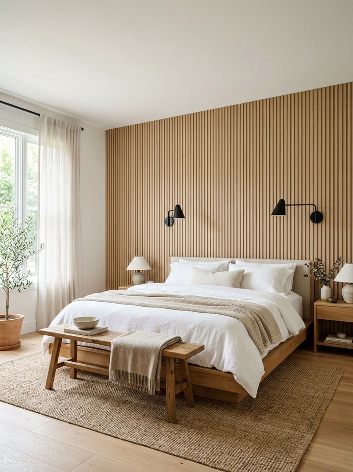 Cream wood slat wallpaper - 30 bedroom neutral wallpapers