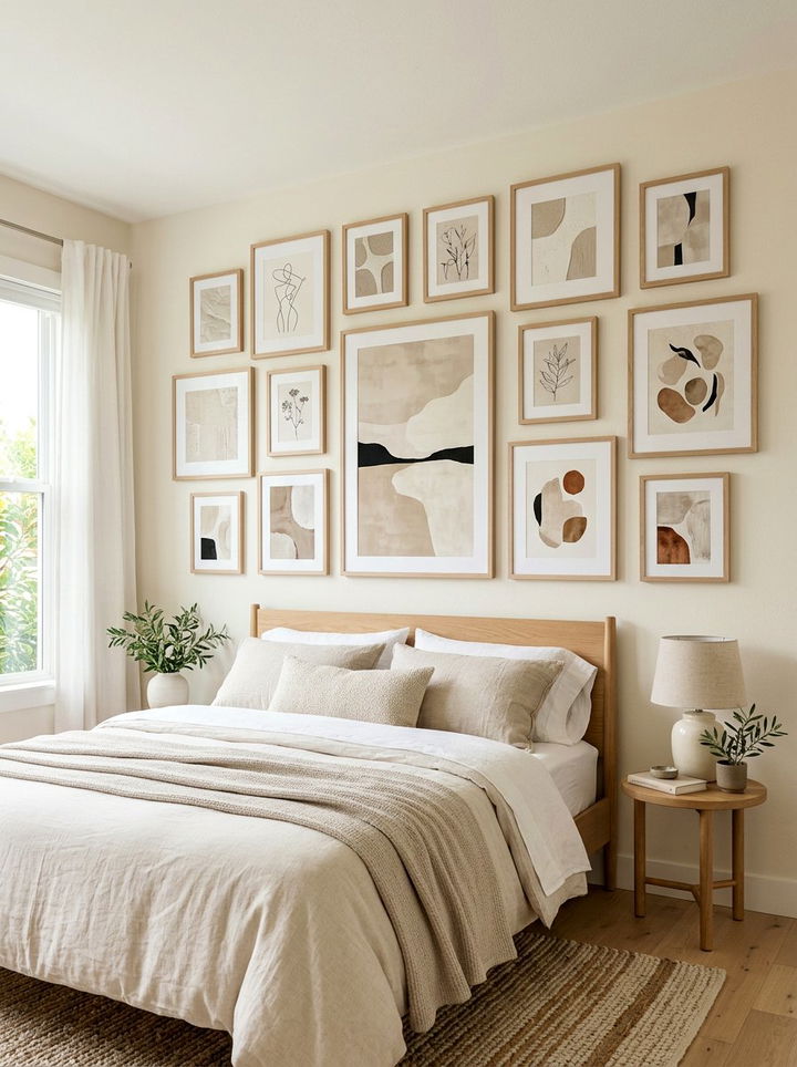 Creamy Gallery Wall - 30 bohemian beige bedroom ideas