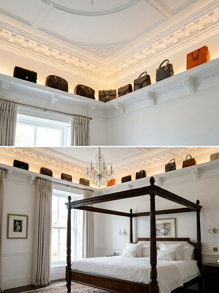 Crown Molding Purse Shelf - 30 bedroom bag storage ideas