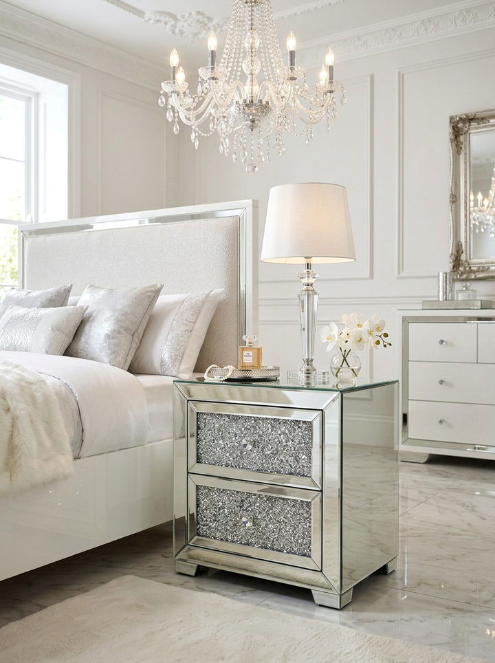 Crushed Diamond Mirrored Nightstand - 30 bedroom mirrored nightstands