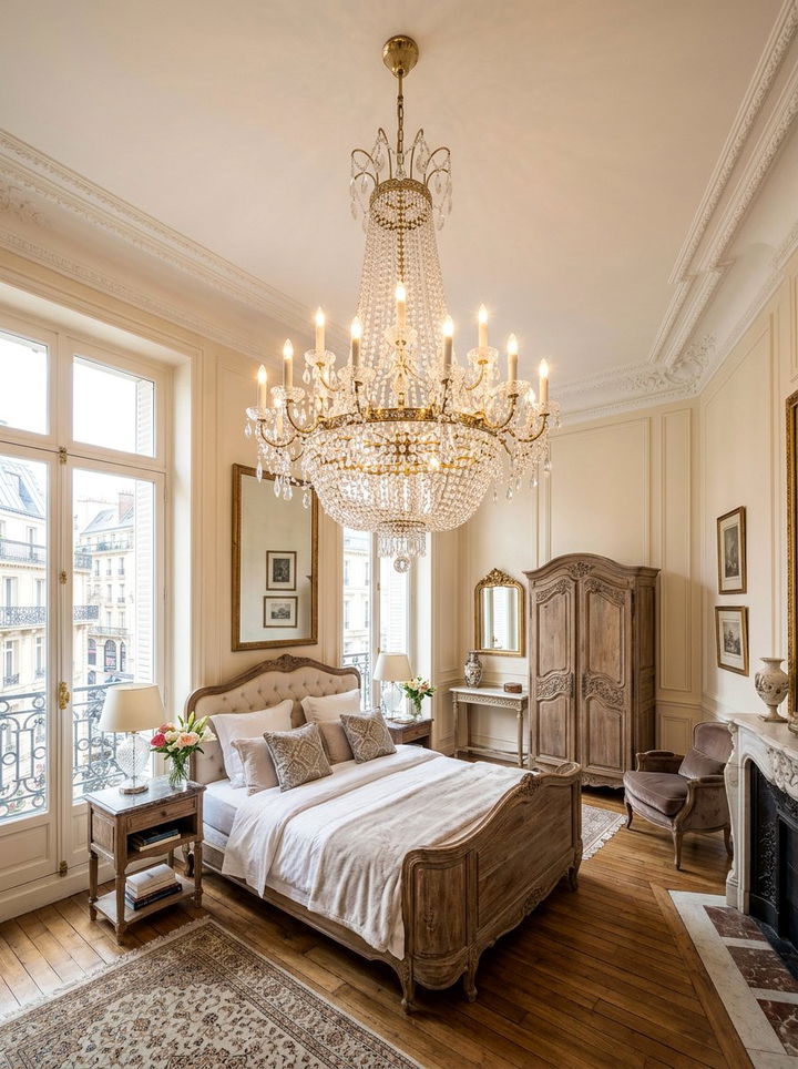Crystal chandelier French bedroom - 30 French country bedroom ideas