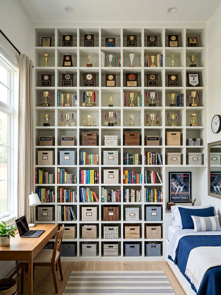 Cubby Storage Trophy Wall - 30 bedroom award display ideas