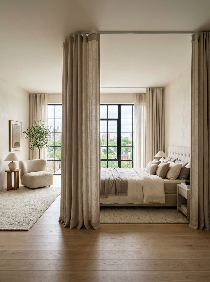 Curtains as room dividers - 30 open plan bedroom ideas