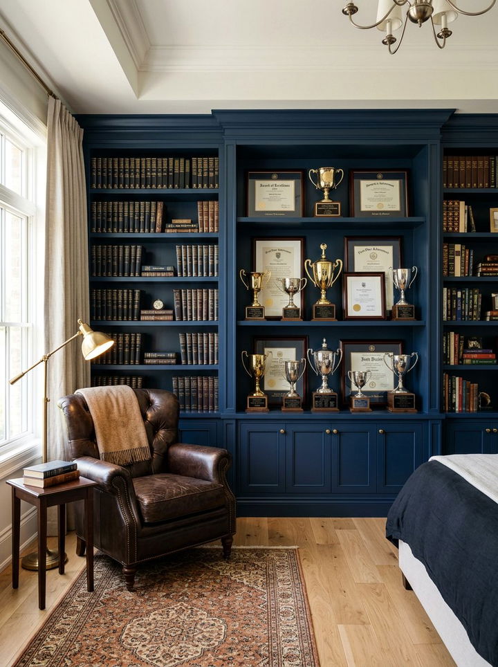 Custom Built In Bookcase - 30 bedroom award display ideas