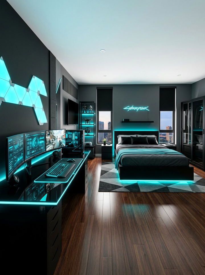Cyan Neon Gaming Setup - 30 neon color bedroom ideas