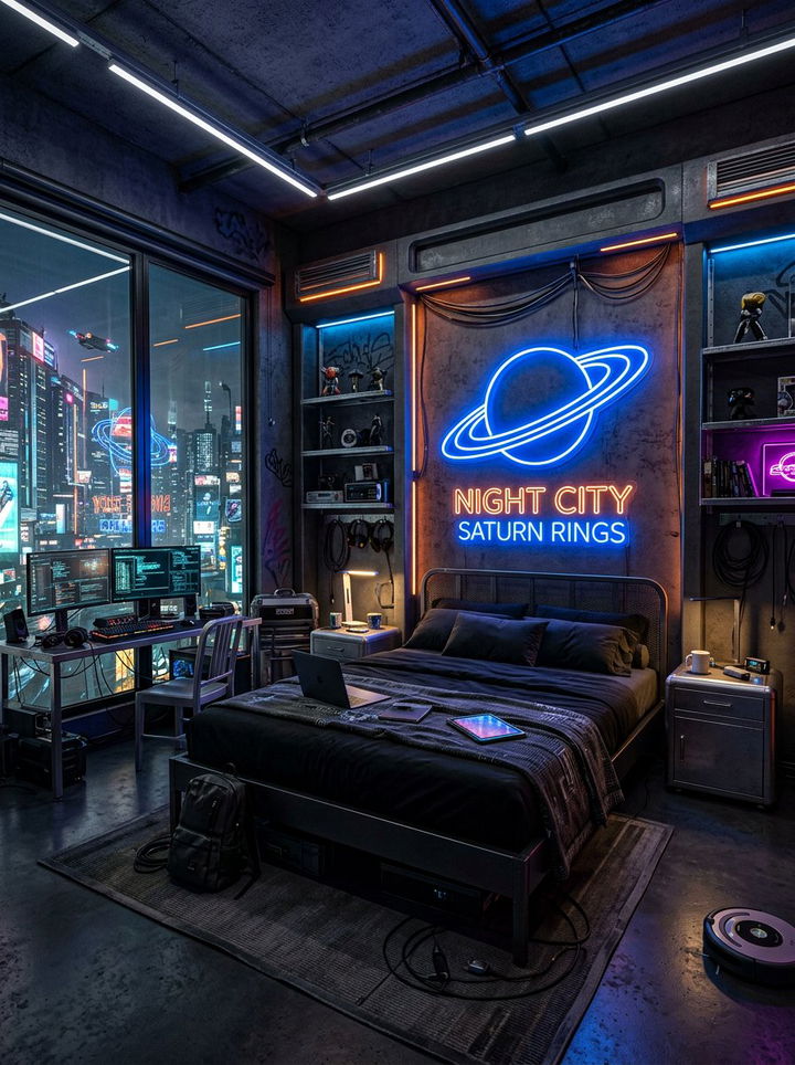 Cyberpunk Neon Lighting - 30 galaxy bedroom ideas
