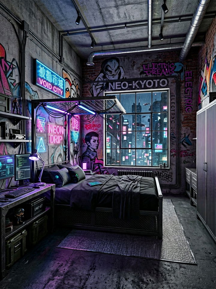 Cyberpunk Neon Urban Style - 30 neon color bedroom ideas