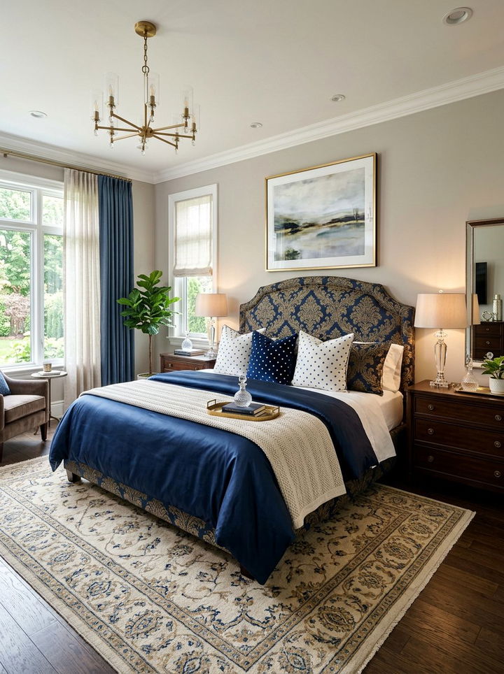 Damask Headboard Polka Dot Pillows - 30 bedroom pattern mixing ideas