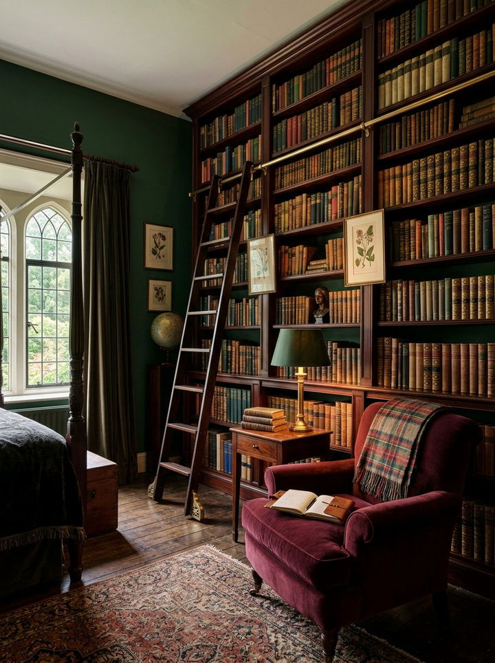 Dark Academia Style Library Wall - 30 bedroom bookshelf ideas