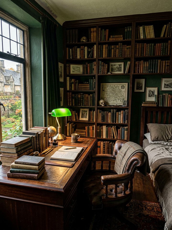 Dark Academy Style Desk - 30 bedroom workstation designs