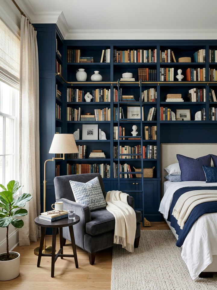 Dark Blue Built In Bookshelves - 30 indigo bedroom ideas