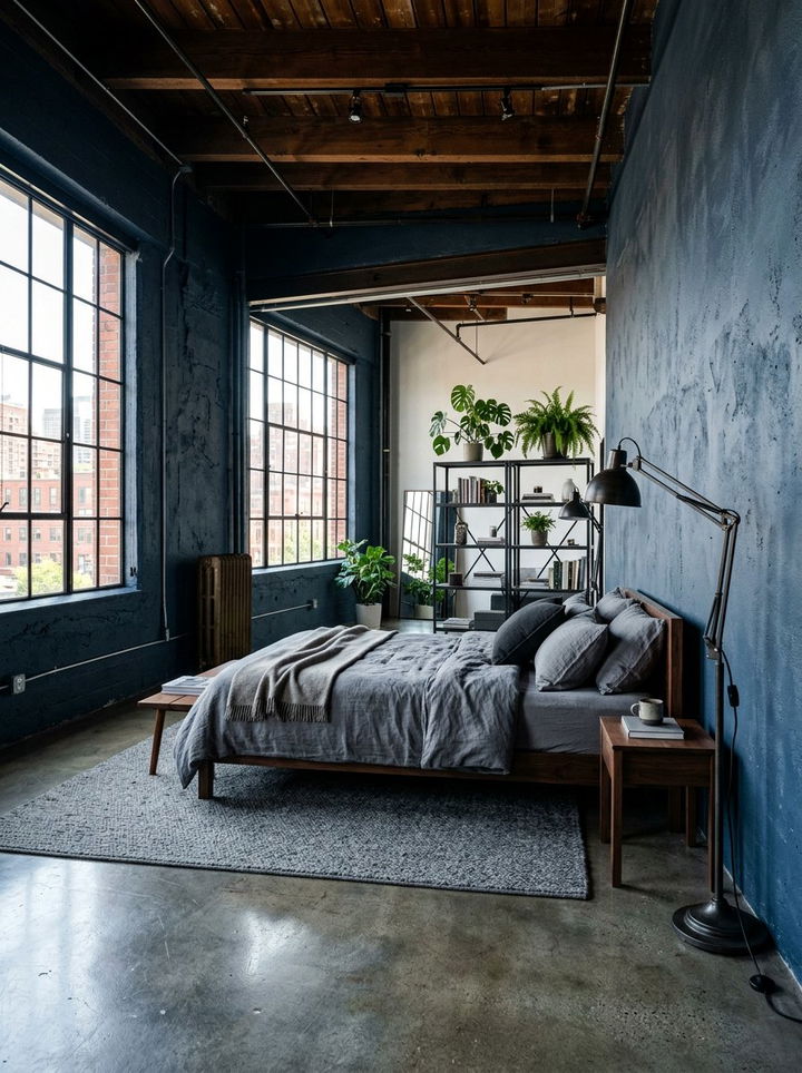 Dark Blue Concrete Bedroom Walls - 30 industrial blue bedroom ideas