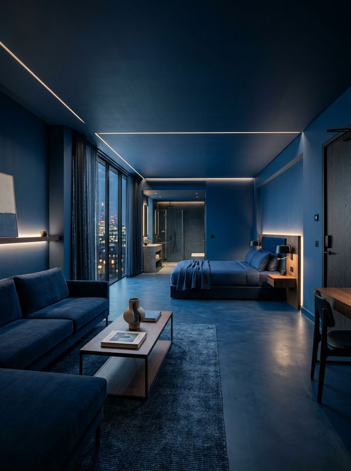 Dark Blue Minimalist Suite - 30 minimalist blue bedroom ideas
