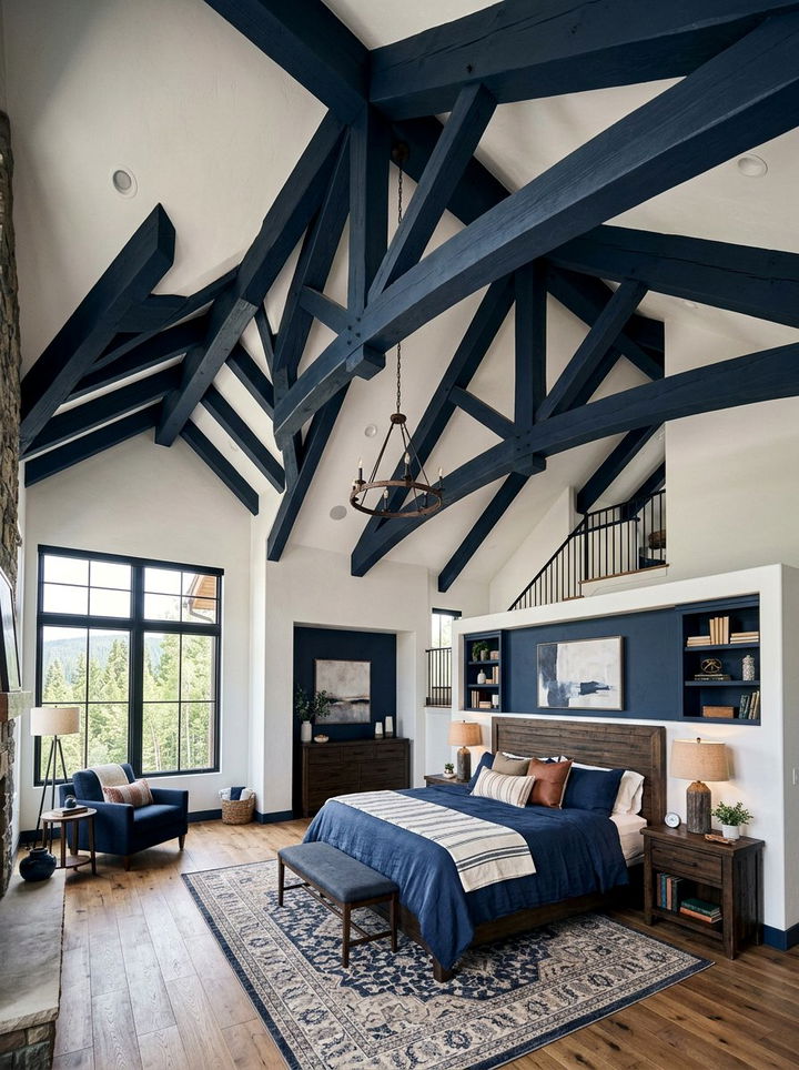Dark Blue Wood Ceiling Beams - 30 rustic blue bedroom ideas
