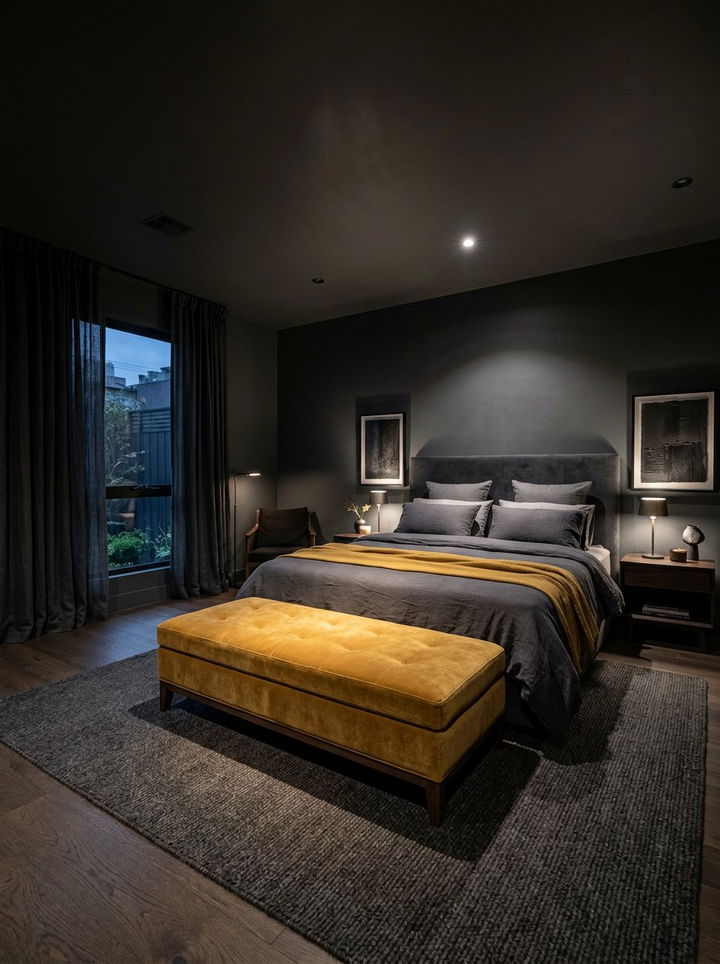 Dark Charcoal Bedroom Mustard Ottoman - 30 mustard and gray bedroom ideas