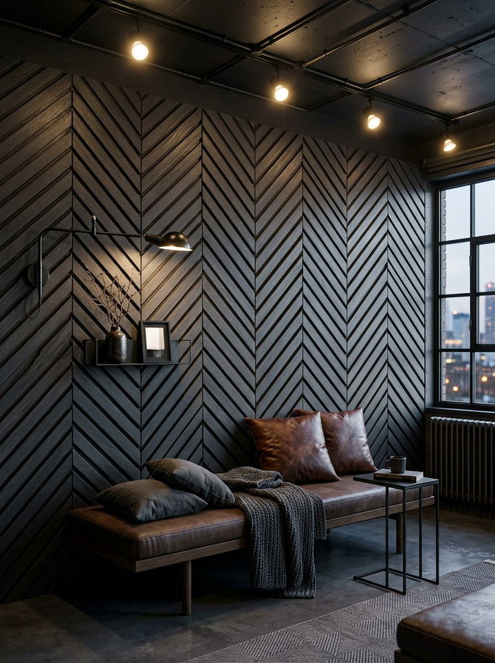 Dark Charcoal Chevron Slat Wall - 30 bedroom chevron wall ideas