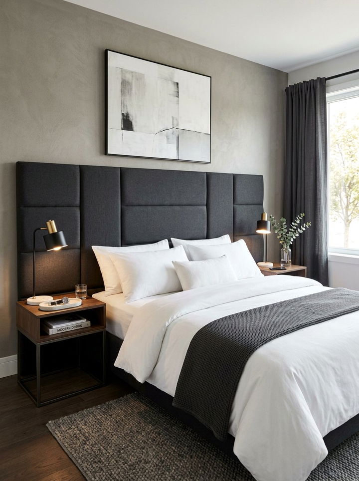 Dark Charcoal Fabric Headboard - 30 bedroom floating headboard ideas