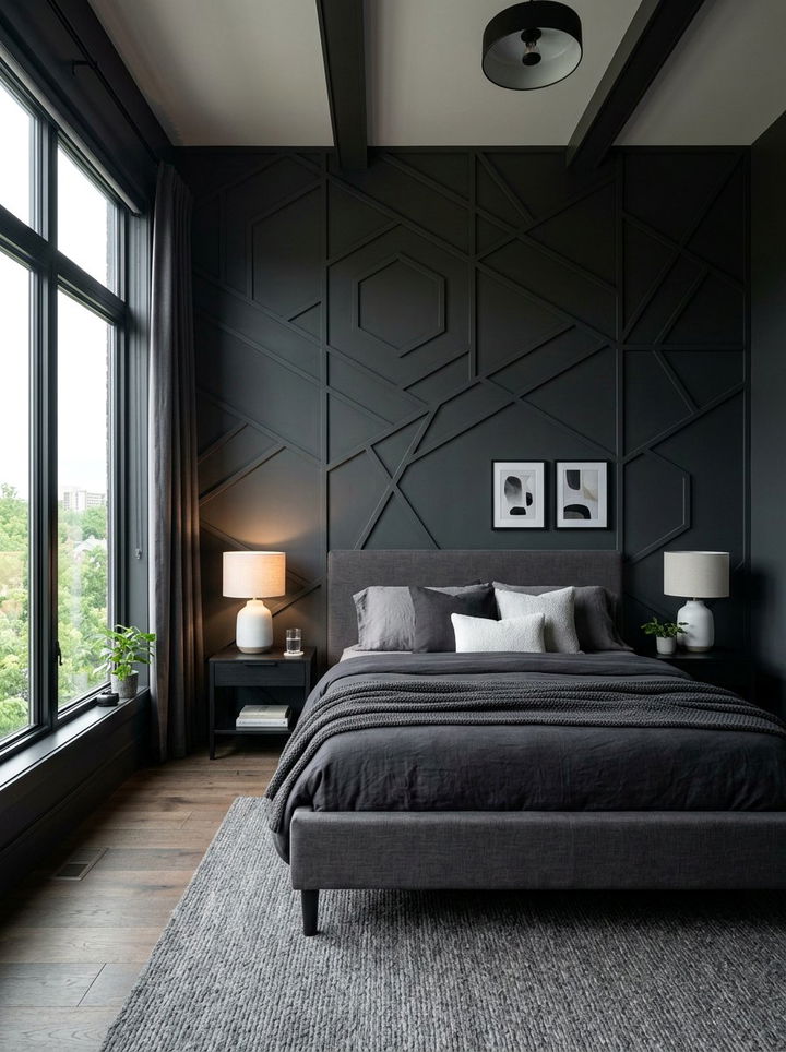 Dark Charcoal Geometric Wall - 30 bedroom geometric wall designs