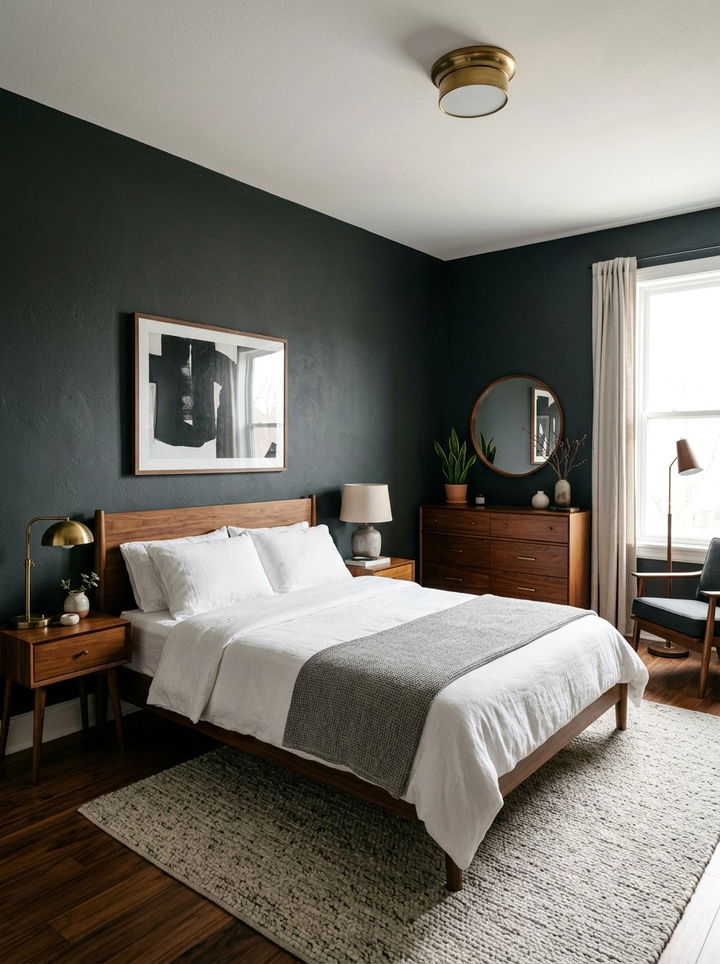 Dark Charcoal Walls - 30 mid-century modern bedroom ideas