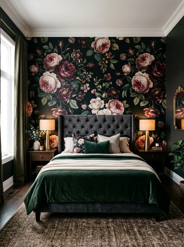 Dark Floral Accent Wall - 30 vintage bedroom ideas