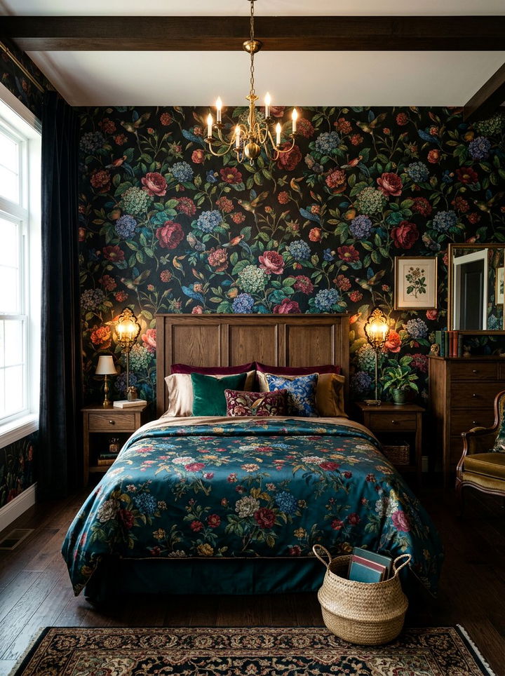 Dark Floral Bedroom - 30 bedroom bold wallpapers