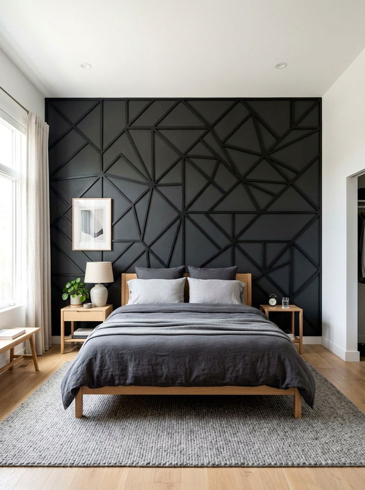 Dark Geometric Pattern Wall - 30 dark bedroom accent wall ideas