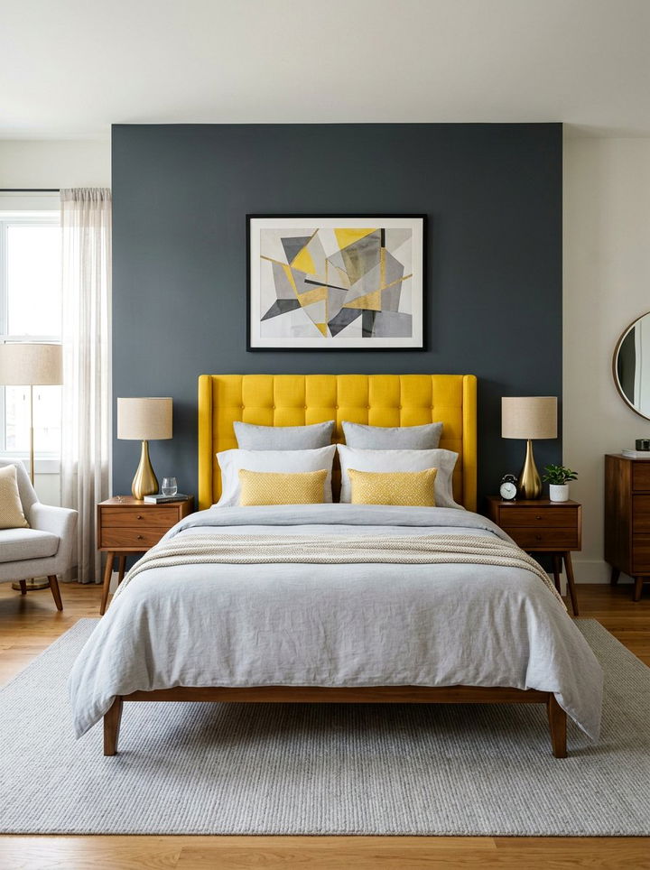 Dark Gray Accent Wall Yellow Headboard - 30 gray and yellow bedroom ideas