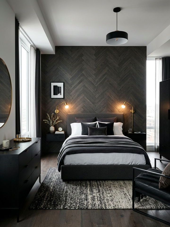 Dark Gray Herringbone Wall - 30 bedroom herringbone wall ideas
