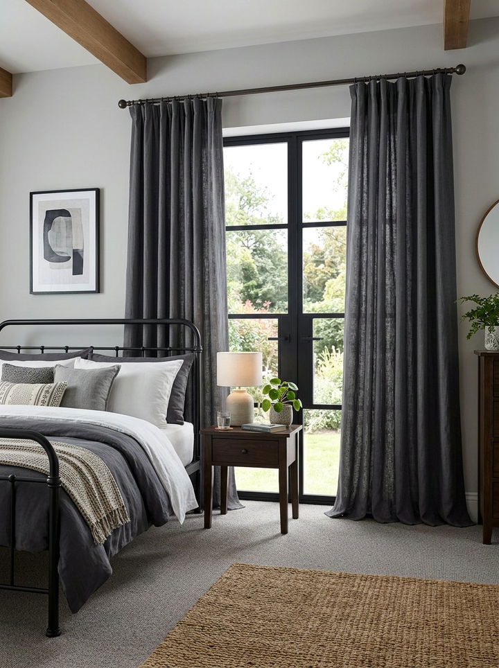 Dark Gray Linen Curtains - 30 industrial black bedroom ideas