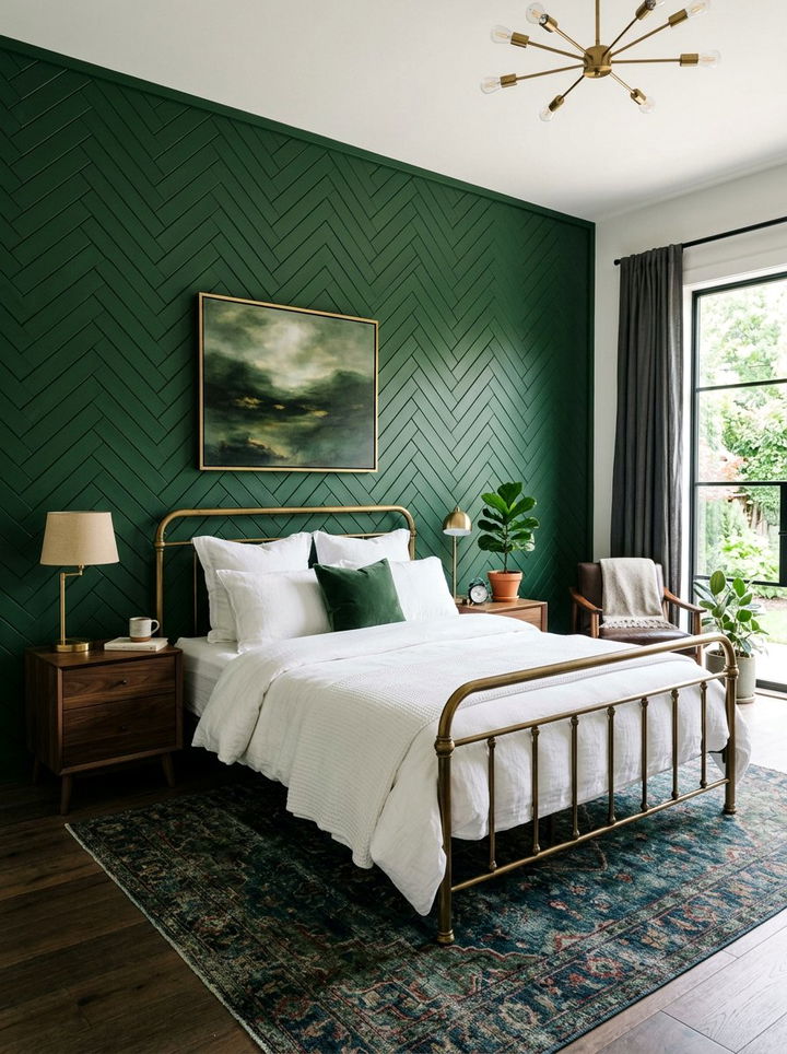 Dark Green Herringbone Wall - 30 bedroom herringbone wall ideas