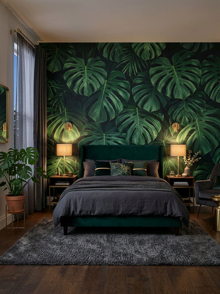 Dark Green Monstera Wall Mural - 30 bedroom tropical wallpapers